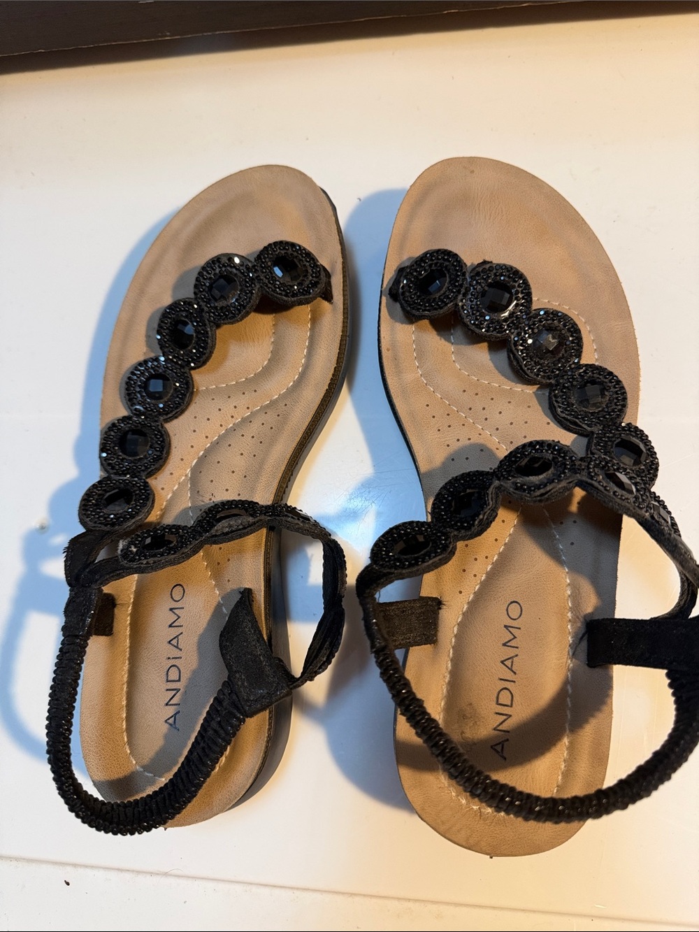 Andiamo Women's Black Beaded T-strap Sandals